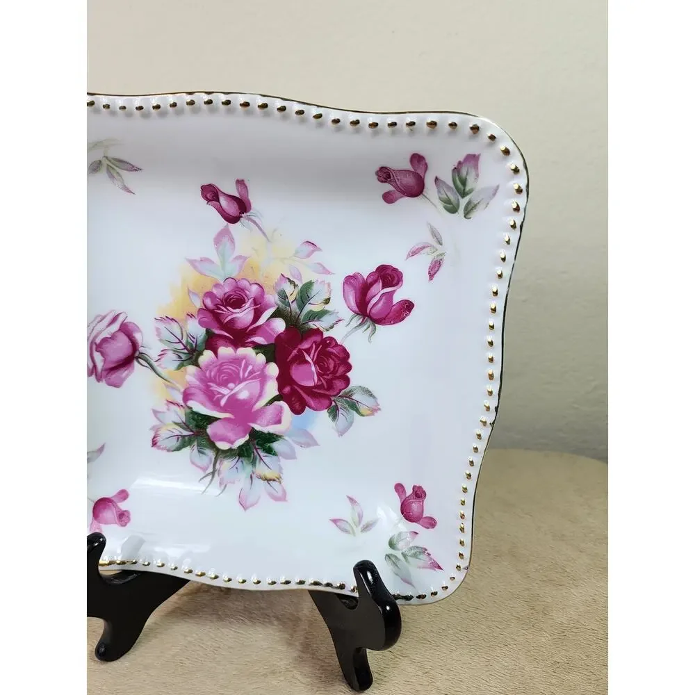 Square Bowl Floral Design Pink Roses 8 1/4